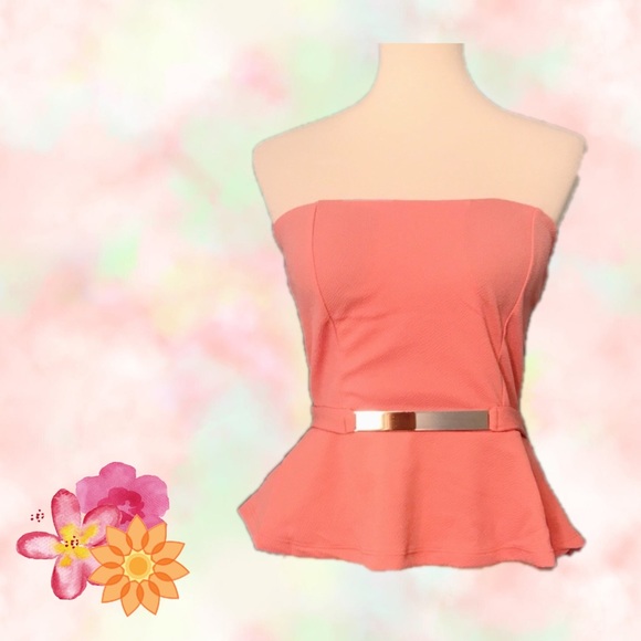 Coral Strapless Peplum Hem Top - Picture 2 of 7